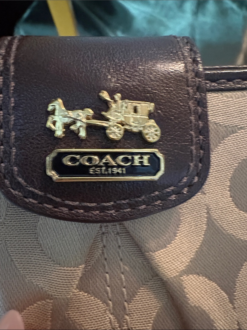 Coach Madison Signature Op Art Skinny Wallet in khaki and Mahogany - Picture 3 of 8